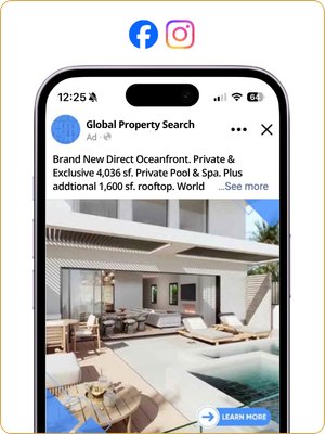 Sample Ignite property ad on a phone, shown on Facebook and Instagram